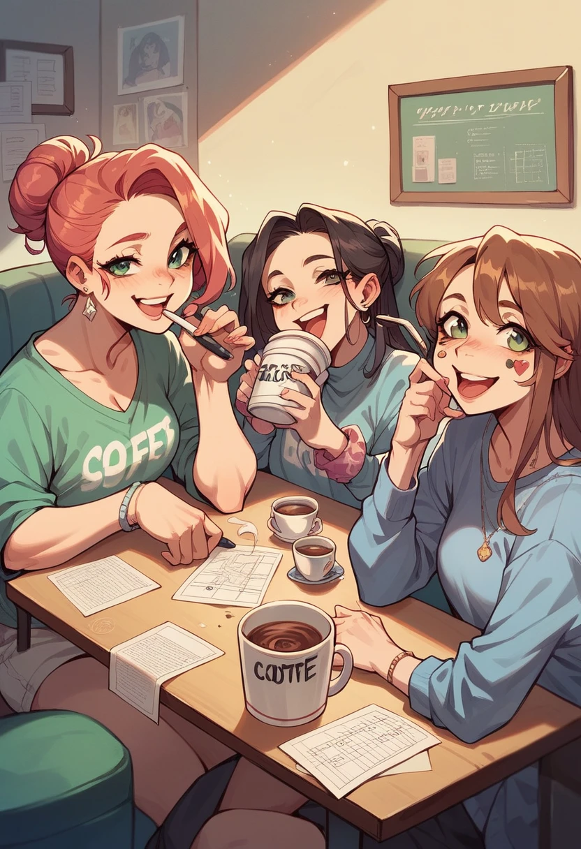 masterpiece, lots of detail, 4k, 8k, ((ultra-detailed)), highres, soft lighting, 3girls, sweater, snow, sofa, coffee, {red hair|green hair|black hair|blue hair}, {ponytail|short hair|long hair|curly hair}
