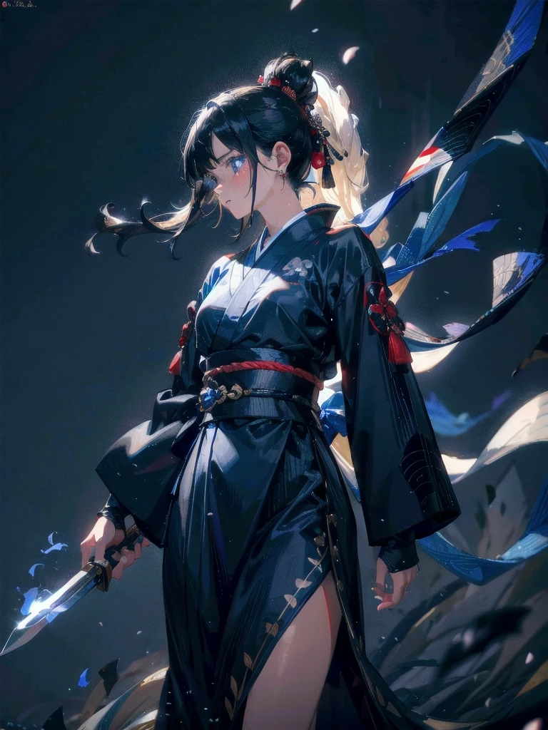 absurdres, RAW photo, extremely delicate and beautiful, masterpiece, Best Quality, ultra high resolution, 32k, hyperrealistic, ultra-detailed, in her 20s, delicate facial features, tearful mole, earring, medium breasts, full body shot, shorter middle hair, black hair, shuimobysim, Japanese kimono, ninja, samurai, sword with blue flames,