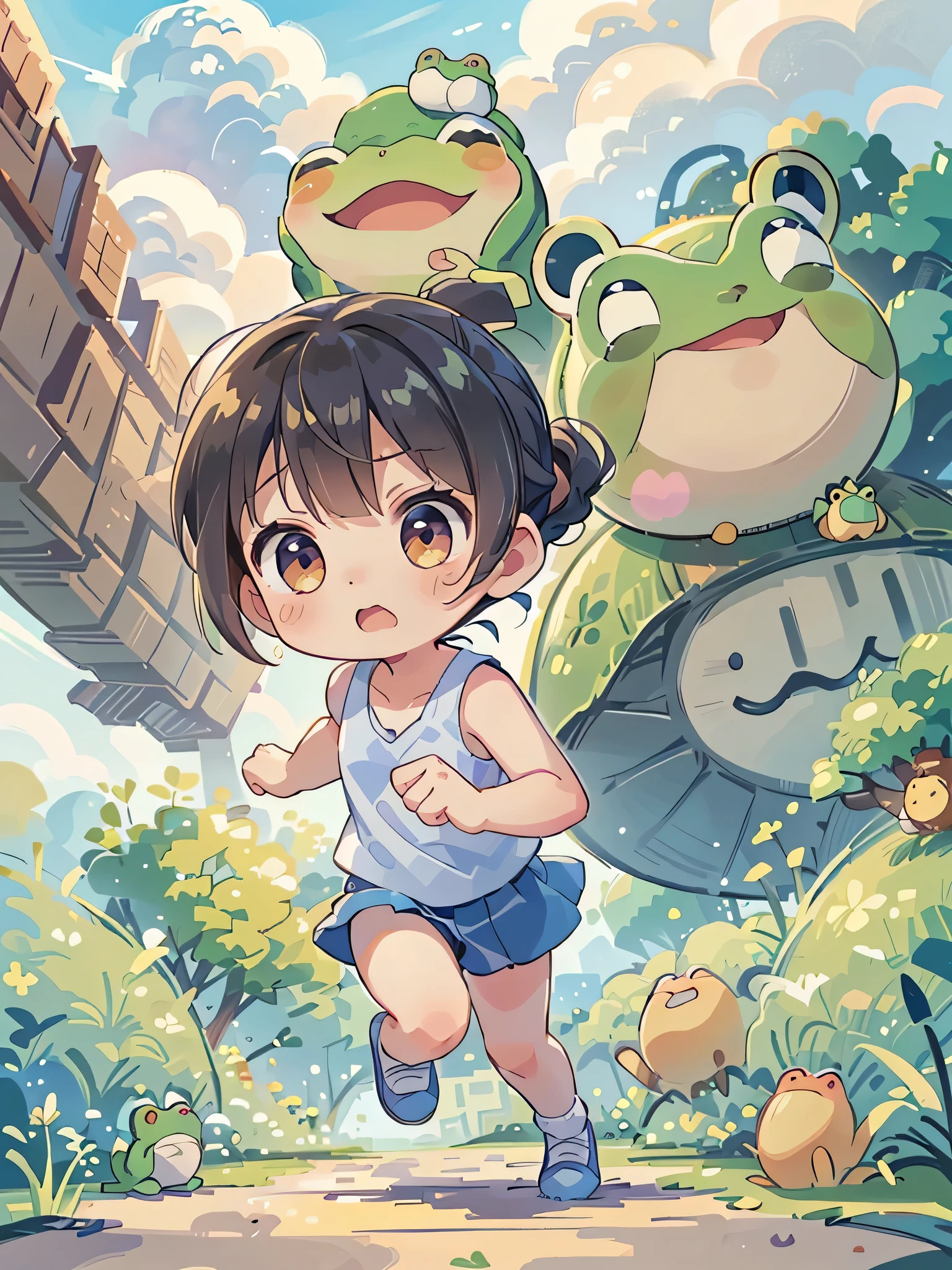 Highest quality、High resolution、Detailed Background、(Beautiful face in every detail:1.4)、Anatomically correct、(Detailed facial expressions)、(fine grain:1.2)、Teenage Beauty、Cute hair color、Braided Ponytail、Braided bob cut、Braided twin tails、Lower grade primary school students, (Tank top、Ｖneck、mini skirt、Cute Shoes)、Perfect body line、The caterpillar is frightened and runs away desperately.:1.5、(Run away quickly!！:1.5, Run faster!！:1.5, Frog cheers:1.5), I have tears in my eyes、An expression that looks like it's about to cry、(A giant caterpillar is seen behind:1.5, They chase after me ferociously, raising a cloud of dust.:1.5)、Photographed from the front