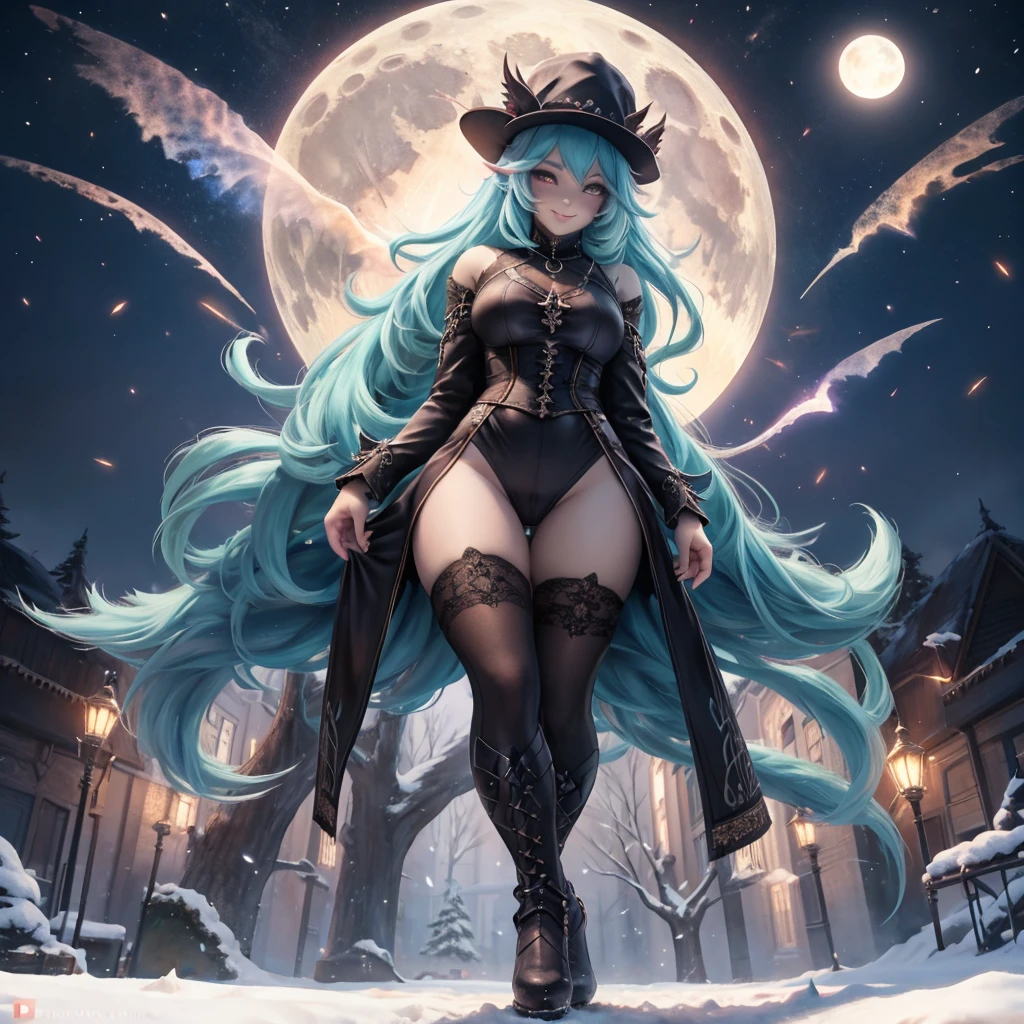 Realistic and detailed image of an elf. dressed as a witch in a mini-skirt. Unusually shiny long silky black hair. turquoise eyes. She has earrings and long eyelashes. She has full lips. Large breasts, slim waist, very wide hips and thick thighs. Smiling. Back arched. She is flying. Day of the Dead Festival. Dark environment. Starry night.