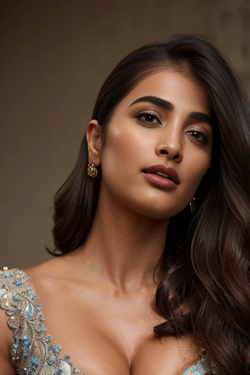 close-up portrait, (portrait photo), ((best quality)), masterpiece, 8k wallpaper, nikon, cinematic lighting, medium hair, ((blue iris)), (photorealistic:1.4), (pooja hegde), (as maid), (deep cleavage)