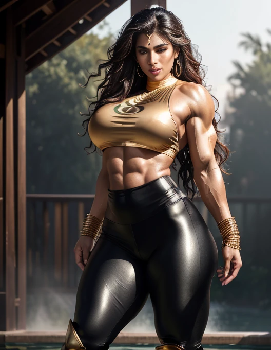 Indian woman, 32 yo wearing wet silk sari with no blouse, wet sari is stuck to her enormous boobs, rainy day, puddles on ground, wet broken brick wall in the background, juicy cleavage, perfect round cleavage,  hdr,  (insane details, hyper realism:1.2), (insane skin detail), (photorealistic skin:1.4), cinematic lighting, (rim lighting:1.3), color grading, focused, outdoors (high skin detail:1.2), pores, sweaty skin, (((muscular body, ripped muscles, shredded muscles, ripped body, sculpted abs))), Fujifilm XT3, color correction,