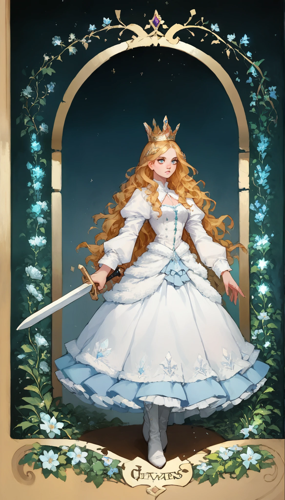 score_9, score_8_up, score_7_up, score_6_up, score_5_up, score_4_up, 
female, (queen:1.2), (long wavy hair), (Holding sword), light blue eyes, eyelashes, frills, (crystal crown, white mantle, short dress, high boots, stockings),
Full body standing painting, (((solo))), Simple line design, ((tarot card background, symmetric beauty)), perfectly symmetrical, The art of symmetry, floating drawings of characters, ((flatcolors)), tmasterpiecetop Qualities qualtiy