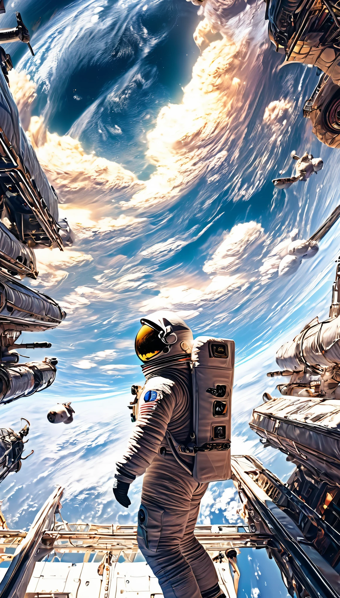 arte abstracto:1.5 ,astronaut in the space station, epic and beautiful image, highly detailed, 8k, photorealistic, dramatic lighting, stunning vista of the earth, glowing lights on the space station, astronaut suit with intricate details, majestic stars in the background, volumetric cloud formations, rich colors and textures, cinematic composition, awe-inspiring scale, incredible attention to detail, masterpiece