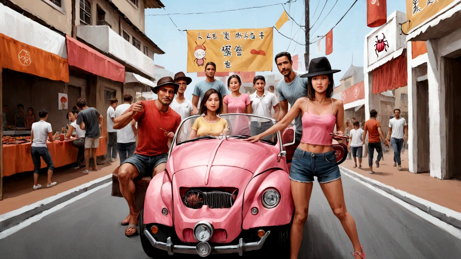 several people ride in a pink Beetle with an adapted barbecue in the front of the car, a man sitting next to the barbecue and a girl in a hat next to the pink Beetle, festival, Manga drawing style Realistic, front view