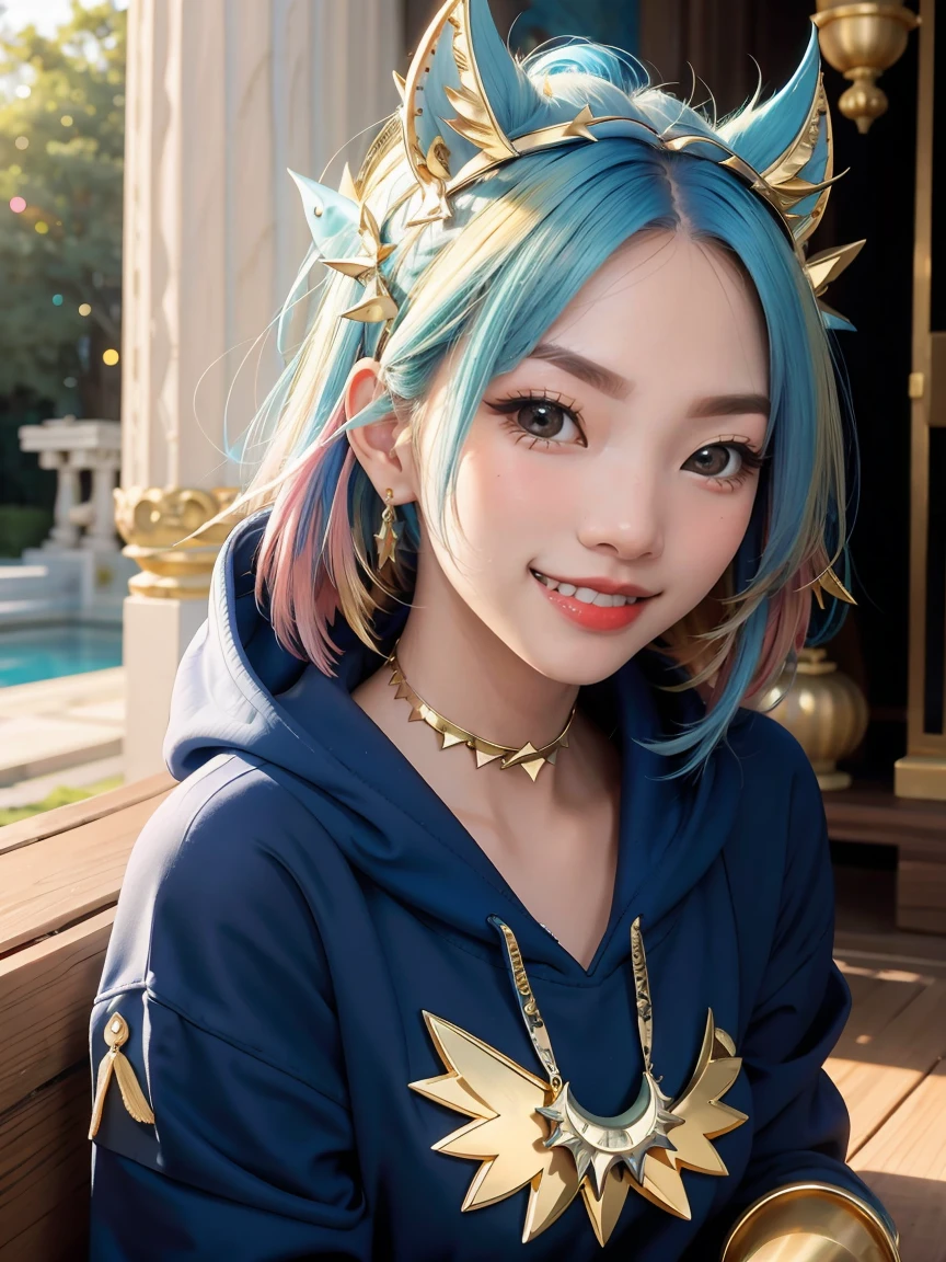 (masterpiece, best quality),  intricate details,, 1girl,     Gura, multicolored hair, blue eyes, shark hair ornament, gold hair ornament, gold choker, gold bracelet, sharp teeth, grin, blue hoodie,,  greek clothes, peplos,