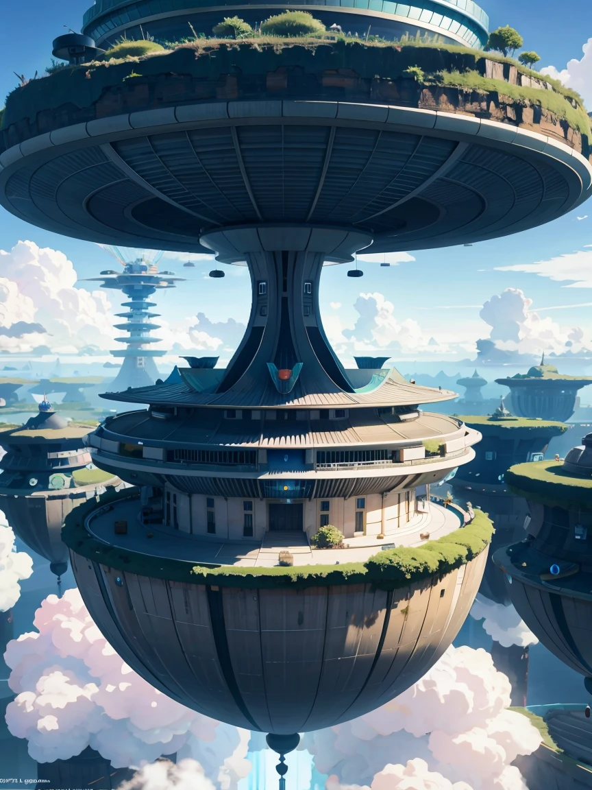 Sinister futuristic floating island suspended in the air, cities, fantasy, (villain hideout), (kawaii), cute, cute, anime style, technological, dark, funny, magical plant growth, extreme details, realistic light, blue sky, epic composition, (complex details), (complex design, ultra-details: 1.2), Art Station, (masterpiece, best quality), Ultra HD, 32k --v 6