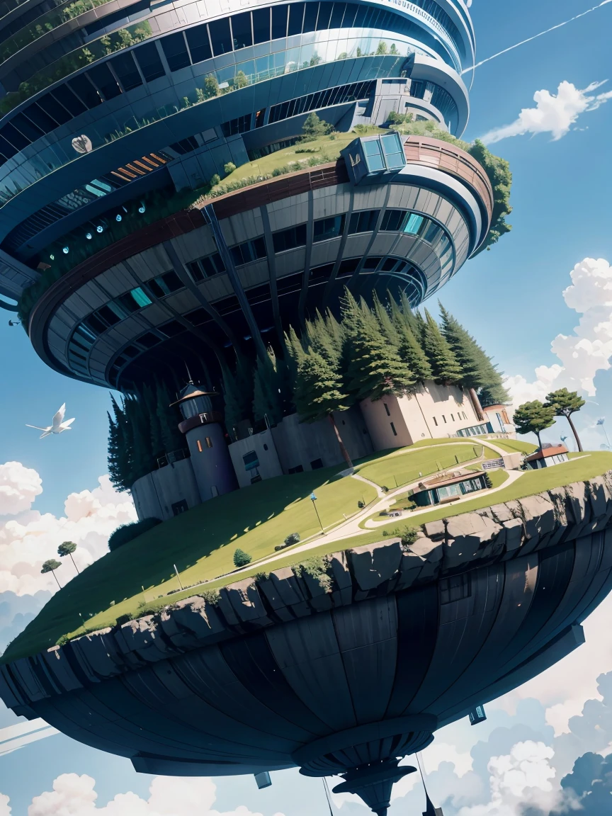 Sinister futuristic floating island suspended in the air, cities, fantasy, (villain hideout), (kawaii), cute, cute, anime style, technological, dark, funny, magical plant growth, extreme details, realistic light, blue sky, epic composition, (complex details), (complex design, ultra-details: 1.2), Art Station, (masterpiece, best quality), Ultra HD, 32k --v 6