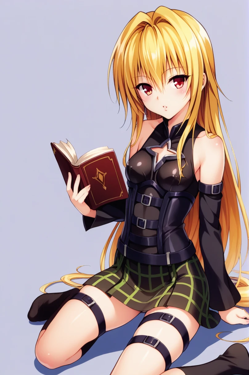 Konjiki no Yami,One girl,alone,Long Hair,Blonde,Book,Thigh straps,Removable sleeves,very Long Hair,Red eyes,White Background,Holding,two side superior,chestの谷間カットアウト,hair ornaments,Holding Book,chest,Clothing cutouts,Simple Background,View your viewers,Bare shoulders,Knee socks,Cowboy Shot,,Black Dress,belt,score_9,score_8_superior,handjob, slimy penis, male, nsfw, kneeing, touch penis, living room, indoor, tight plaid dress, lotion,