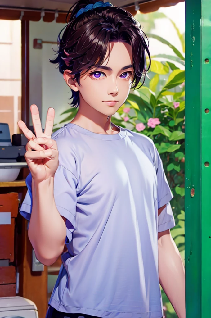 Young boy, wolfcut hair style, Purple eyes, Black hair, Best Quality, day, masutepiece, Colorful, casual shirt, Upper body, Looking at Viewer, sly grin, sly, Face Focus, peace sign