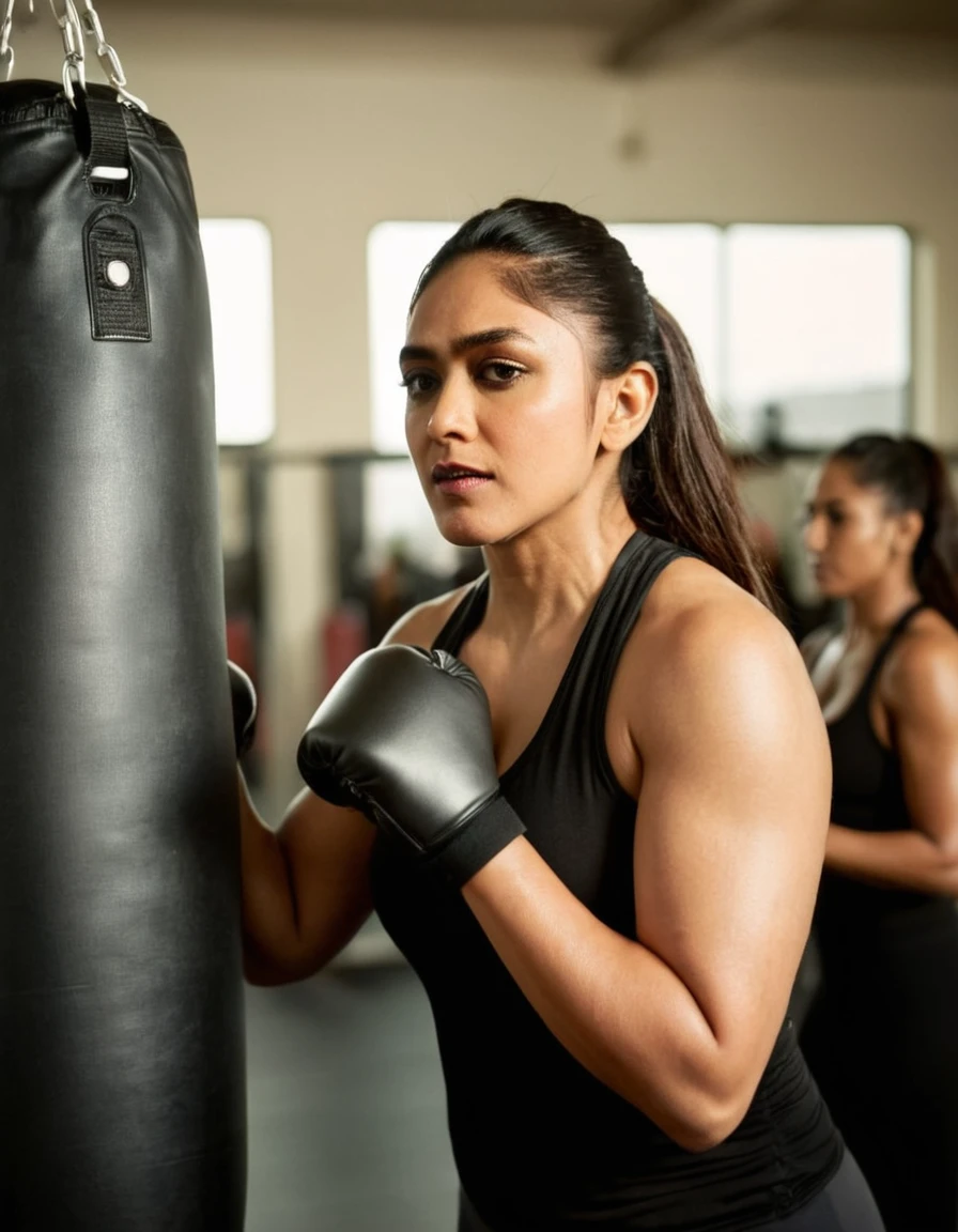 cinematic still cinematic film still closeup of (((mrunhwx woman))) is at a crowded local gym punching a punching bag, gray and black spandex,serious,sweaty,padded gloves, shallow depth of field,vignette,highly detailed, high 