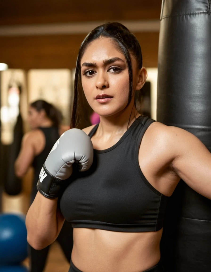 cinematic still cinematic film still closeup of (((mrunhwx woman))) is at a crowded local gym punching a punching bag, gray and black spandex,serious,sweaty,padded gloves, shallow depth of field,vignette,highly detailed, high 