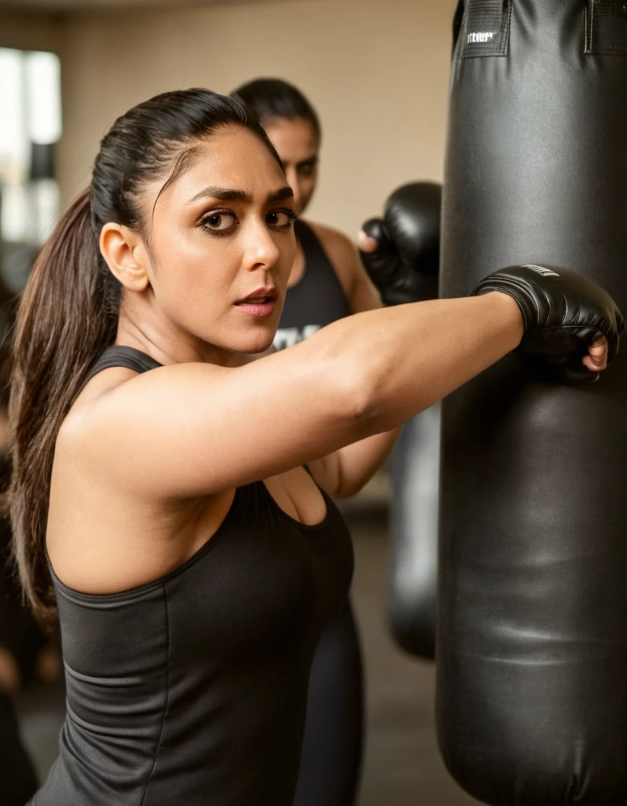 cinematic still cinematic film still closeup of (((mrunhwx woman))) is at a crowded local gym punching a punching bag, gray and black spandex,serious,sweaty,padded gloves, shallow depth of field,vignette,highly detailed, high 