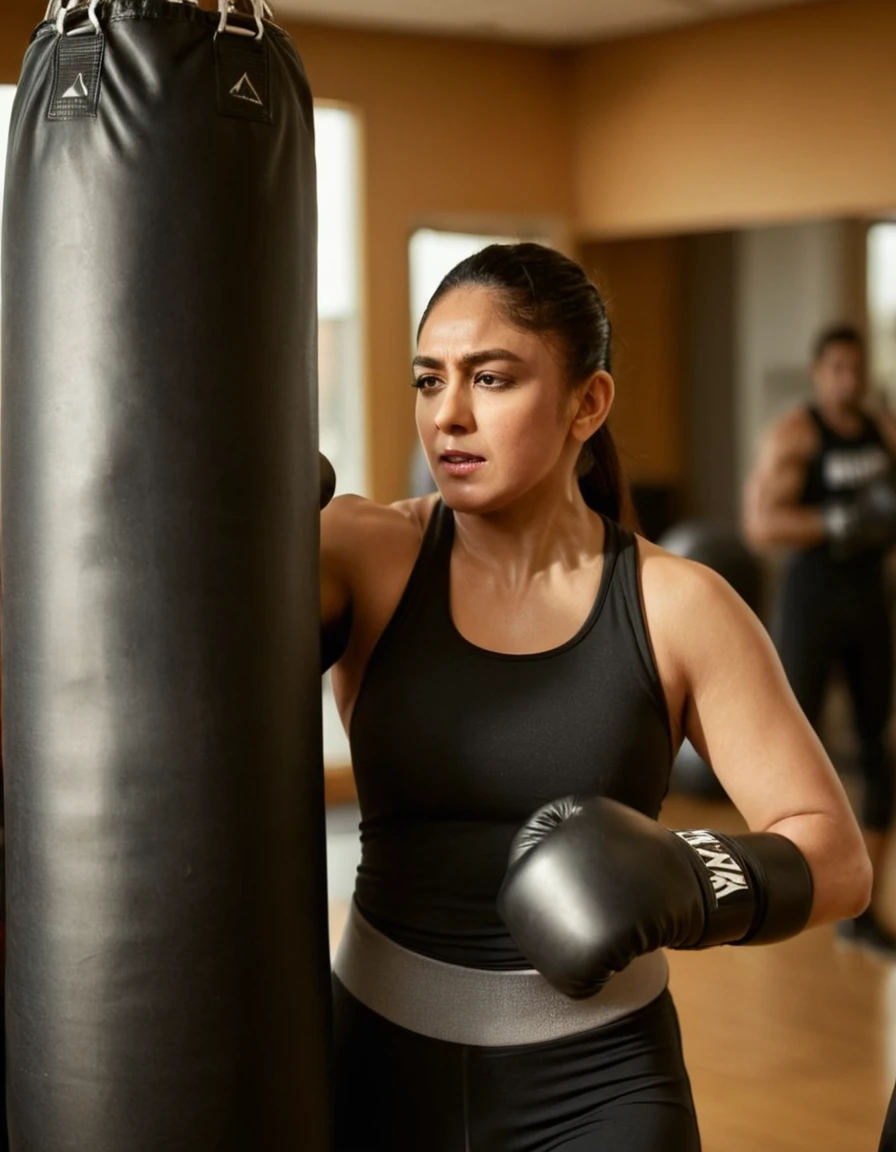 cinematic still cinematic film still closeup of (((mrunhwx woman))) is at a crowded local gym punching a punching bag, gray and black spandex,serious,sweaty,padded gloves, shallow depth of field,vignette,highly detailed, high 