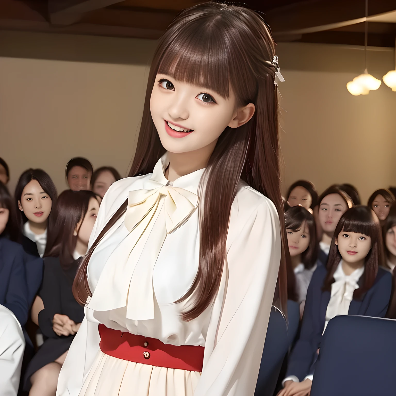 (highest quality, masterpiece:1.2), highest quality, High resolution, 1080P, 8K, Height: 158cm, ((A noble and intelligent succubus like Japanese cute girly idle is hypnotizing and giggling, A very intelligent, very noble, pretty and neat Japanese beautiful idle. 16 years old. Looking at the audience. Realistic very girly girl idle)), ((((White face with plump cheeks)))), Glossy lips, (Evenly cut bangs), ((Very beautifuly laughing dark brown drooping eyes)), (The very large, shiny, wide red ribbon bow-tie on her chest is very cute)., ((Waved black long hair)), (((Cream colored blouse))), A neat uniform, Very lustrous, glossy lips, Open hand over open mouth, Beautiful hair like a hair model, Cream colored long skirt, Watching the viewer and laughing, ((Incredibly well organized, The expression is rich. plump and beautiful skin and face)), ((Pure and clear eyes)), Long eyelashes, ((smiling at me)), A ruffled blouse will highlight the shadows., Glossy Lips, Advertisement of Japanese girl's neat school fashion, ((noble and neat)), ((succubus is fascinating with magic and giggling)), ((filled with pinky magical evil fascinating spells)), (laughing cheeks)