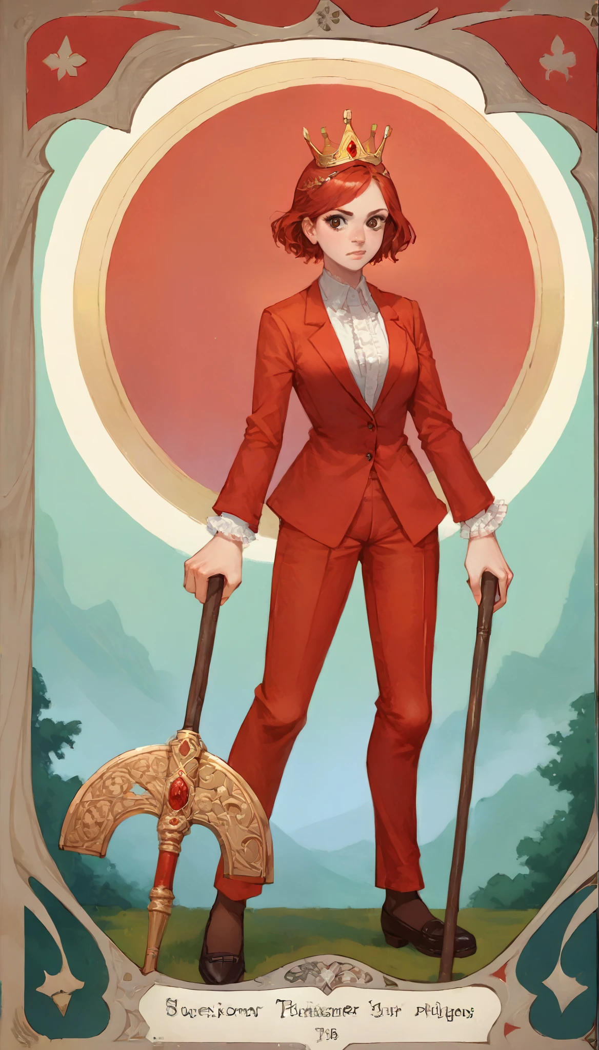 score_9, score_8_up, score_7_up, score_6_up, score_5_up, score_4_up,
female, (queen:1.2), (short red hair), (Holding two handed axe), brown eyes, eyelashes, frills, (ruby crown, red business suit, shoes, stockings),
Full body standing painting, (((solo))), Simple line design, ((tarot card background, symmetric beauty)), perfectly symmetrical, The art of symmetry, floating drawings of characters, ((flatcolors)), tmasterpiecetop Qualities qualtiy