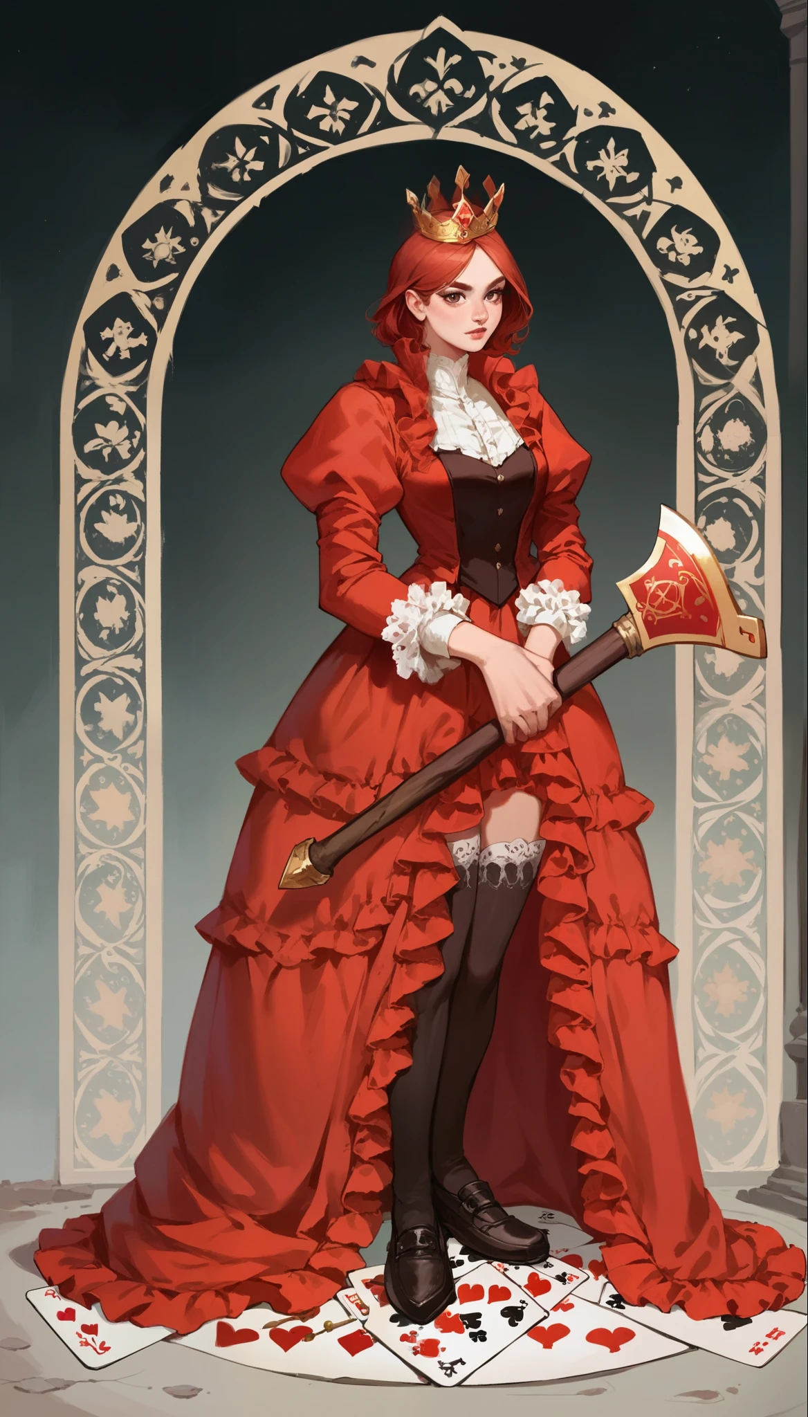 score_9, score_8_up, score_7_up, score_6_up, score_5_up, score_4_up,
female, (queen:1.2), (short red hair), (Holding two handed axe), brown eyes, eyelashes, frills, (ruby crown, red suit, shoes, stockings),
Full body standing painting, (((solo))), Simple line design, ((tarot card background, symmetric beauty)), perfectly symmetrical, The art of symmetry, floating drawings of characters, ((flatcolors)), tmasterpiecetop Qualities qualtiy