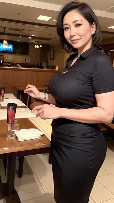 High resolution, High resolution, Attention to detail, masterpiece, Rough skin, Anatomically correct, sharp,
((At a family restaurant))、
((Japanese Mature, 50 years old)), alone, ((Facial wrinkles)), Shapely large breasts, Black short bob, Chubby body type,
(((Accentuate your butt))) ,((As a family restaurant clerk))、 ((In family uniform))、Looking down、landscape,A gentle smile、A gaze that seduces viewers、((anna millers costume))、