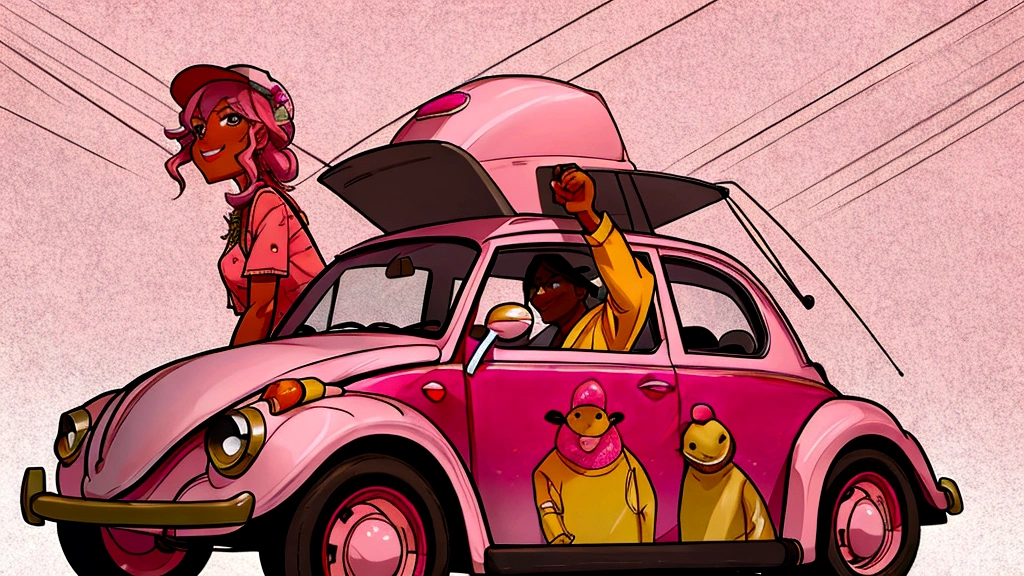 several people ride in a pink Beetle with an adapted barbecue in the front of the car, a man sitting next to the barbecue and a girl in a hat next to the pink Beetle, festival, Manga drawing style Realistic, front view