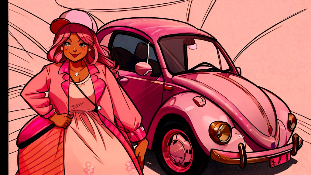 several people ride in a pink Beetle with an adapted barbecue in the front of the car, a man sitting next to the barbecue and a girl in a hat next to the pink Beetle, festival, Manga drawing style Realistic, front view