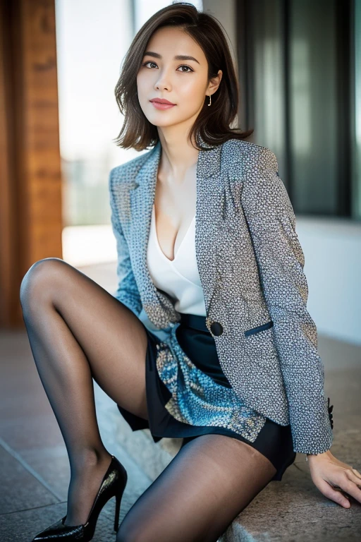 (Highest quality、Ultra-high resolution、masterpiece、8K、Realistic raw photo)、(Delicate face、Detailed eyes and face、Watery eyes、double eyelid、Glossy lips), ((1 girl)) 、Very beautiful woman、Slender、Slim Big、Sharp long legs、Alluring and sexy、(Geometric print blazer:1.2)、(Geometric print skirt:1.2),(silk pantyhose:1.1),(High heels)、Cleavage、High-definition skin texture、The wind is blowing、Sunlight shining on face and body、Modern architecture in the background、Above the knee shot、((Perfect body、Two Hands、Two Legs、Two detailed pairs of shoes、Perfect Anatomy、Anatomically correct))
