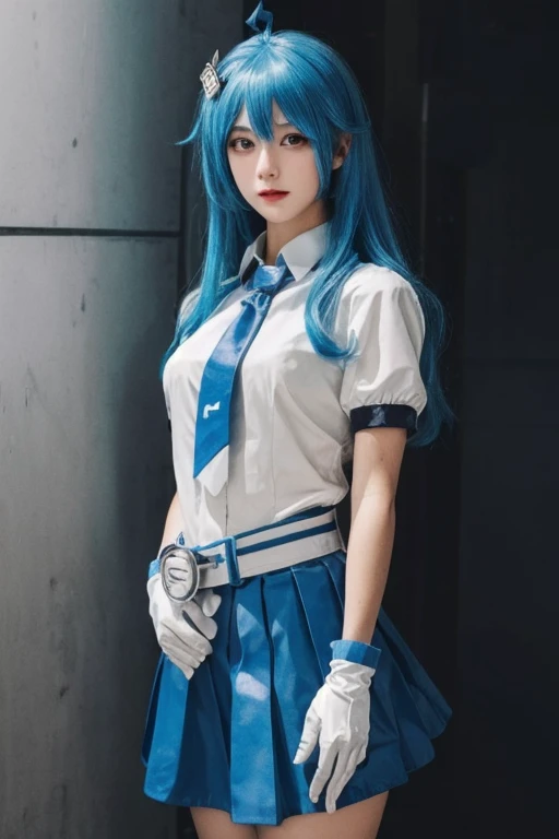 ltra-detailed,highly detailed,best quality,masterpiece,illustration,realistic,photorealistic,
22niang, bilibili suit, 1girl, cosplay, solo, 
aqua hair, long hair, hair ornament, ahoge, hair ribbon, 
collared shirt, puffy short sleeves, necktie, belt, pleated skirt, gloves, 
looking at viewer, standing,
