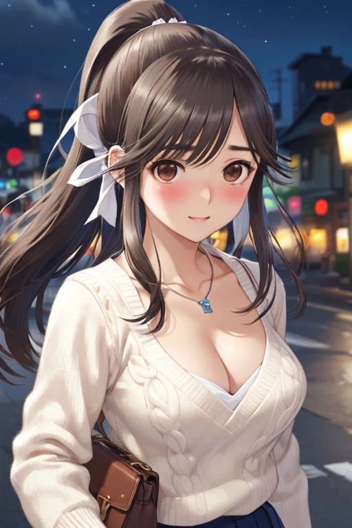 nsfw,
Gaoling loves flowers、Shiny brown hair, Long Hair、Ponytail with ribbon,, Beautiful brown eyes、smile、Sparkling eyes, (Fine grain)、Ultra-detailed eyes、非常にDetailed face, Very detailedな目,

masterpiece,Highest quality,High resolution,Very detailed,masterpiece, Highest quality, High resolution, 

((masterpiece, Highest quality, High resolution, 超High resolution, Pixel perfect, Depth of written boundary, 4K, RTTX 10.0, High resolution))), One girl, single, alone, Beautiful Anime Girls, Beautiful art style, Anime characters, 24-years-old, ((Detailed face, Blushing:1.2)),  ((Smooth texture:0.75, Realistic texture:0.5, Anime CG Style)), ((Medium chest, Cleavage)), Dynamic Angle,  Perfect body, ((close, throw, Portraiture)), ((White sweater, skirt, Silver Necklace)), night, night lamp, Bokeh:1.4, (Outdoor, City Buildings, crowd), (fashionable, Handbags)