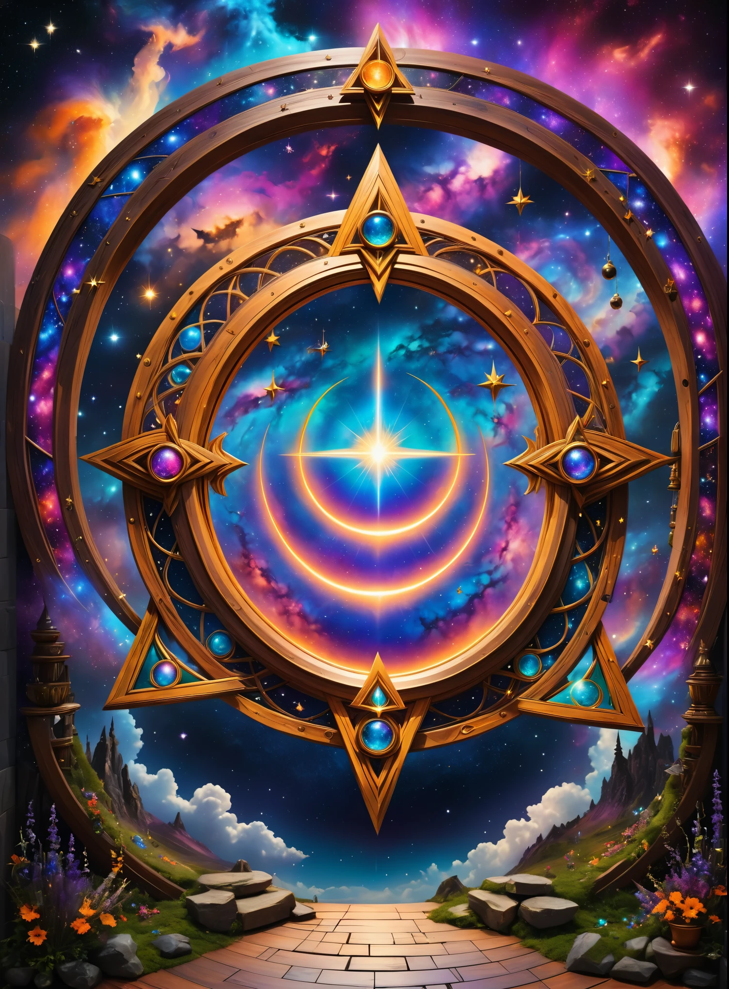 ((best quality)), ((masterpiece)), (detailed), magic, witchcraft, witch accessories, perfect symmetry, big colorful portal to the galaxy in the middle of the composition, spiritual practice, harmony