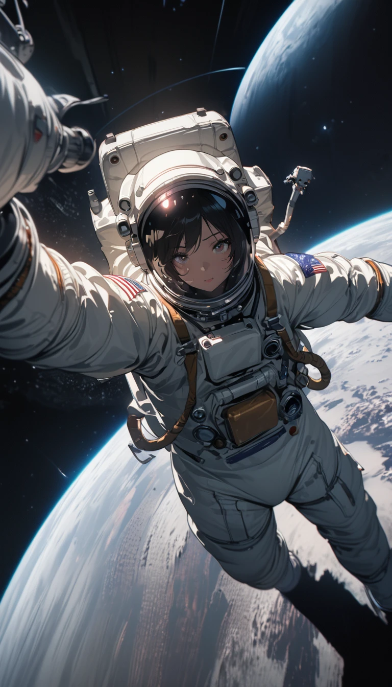 Medium shot，Satellite view，woman，Astronauts suspended in space，lunar backdrop， Stereoscopic perspective, masterpiece, Facial details, very good, 16k resolution, high quality, light, High Detail, Dynamic perspective, detailed, Epic imagery，Shocking scene