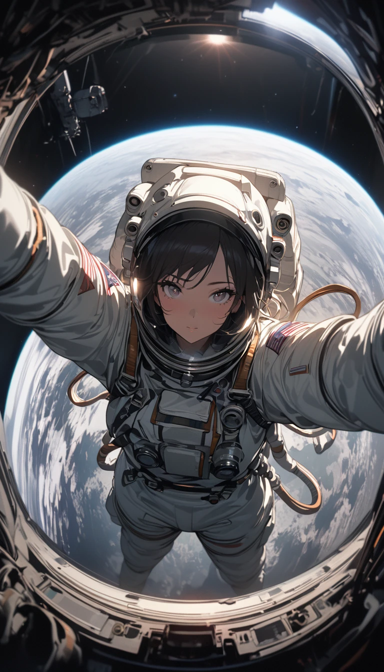 Medium shot，Satellite view，woman，Astronauts suspended in space，lunar backdrop， Stereoscopic perspective, masterpiece, Facial details, very good, 16k resolution, high quality, light, High Detail, Dynamic perspective, detailed, Epic imagery，Shocking scene