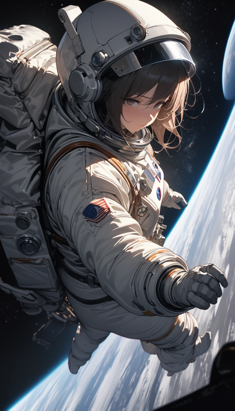 Medium shot，Satellite view，woman，Astronauts suspended in space，lunar backdrop， Stereoscopic perspective, masterpiece, Facial details, very good, 16k resolution, high quality, light, High Detail, Dynamic perspective, detailed, Epic imagery，Shocking scene