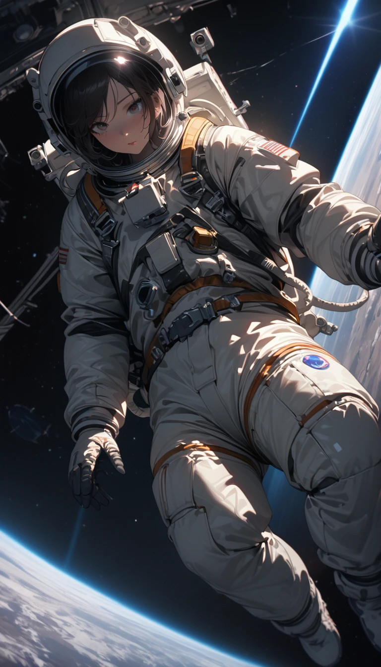 Medium shot，Satellite view，woman，Astronauts suspended in space，lunar backdrop， Stereoscopic perspective, masterpiece, Facial details, very good, 16k resolution, high quality, light, High Detail, Dynamic perspective, detailed, Epic imagery，Shocking scene