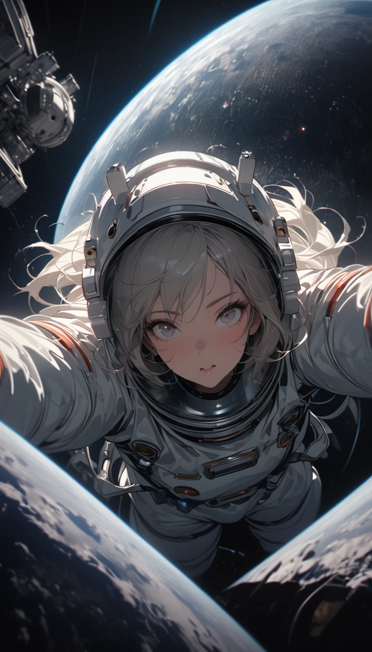 Medium shot，Satellite view，woman，Astronauts suspended in space，lunar backdrop， Stereoscopic perspective, masterpiece, Facial details, very good, 16k resolution, high quality, light, High Detail, Dynamic perspective, detailed, Epic imagery，Shocking scene
