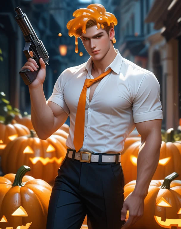 goo boy, (slime), slime hair, Orange Pumpkin, white prince outfit with gun belt, work of art, best qualityer
