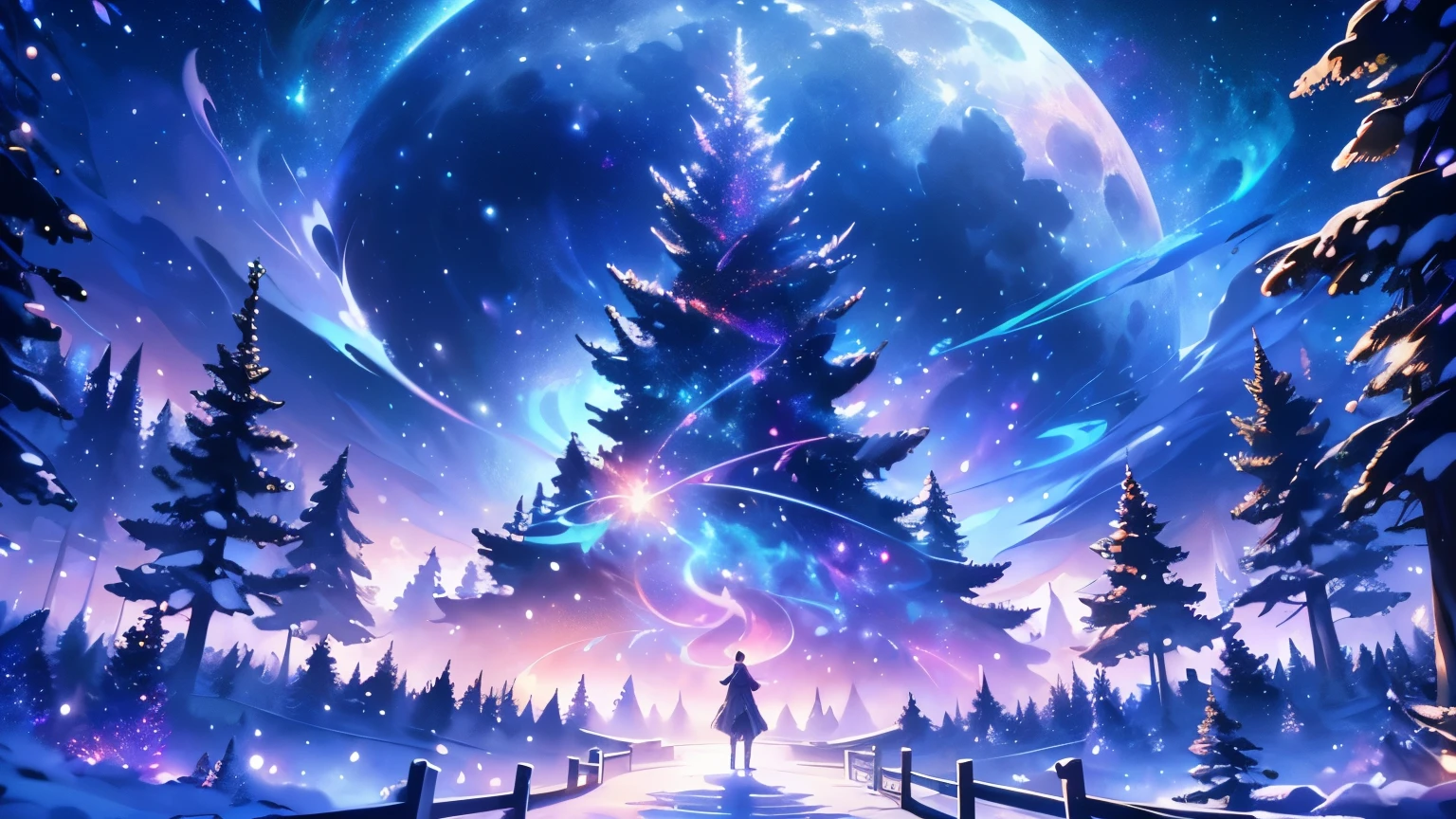 expansive landscape photography (a view from below showing the sky above and an open forest below), woman standing on a paved path looking at the landscape, wolf woman, full fur, white fur (particle of light around the wolf woman), full tail, white hair (long and bushy), heated outfit (made of high quality fur and embroidery), night setting, (full moon: 1.2), (shooting stars: 0.9 ), (nebula: 1.3), (warm light source: 1.2), (Firefly: 1.2), (snowflake: 1.0), (snow on tree) (masterpiece: 1.2), (best quality) , 4k, ultra detailed, (dynamic composition: 1.4), very detailed and colorful details, (iridescent colors: 1.2), (vivid lighting, ambient lighting), dreamy, magical, (alone: ​​1.2)