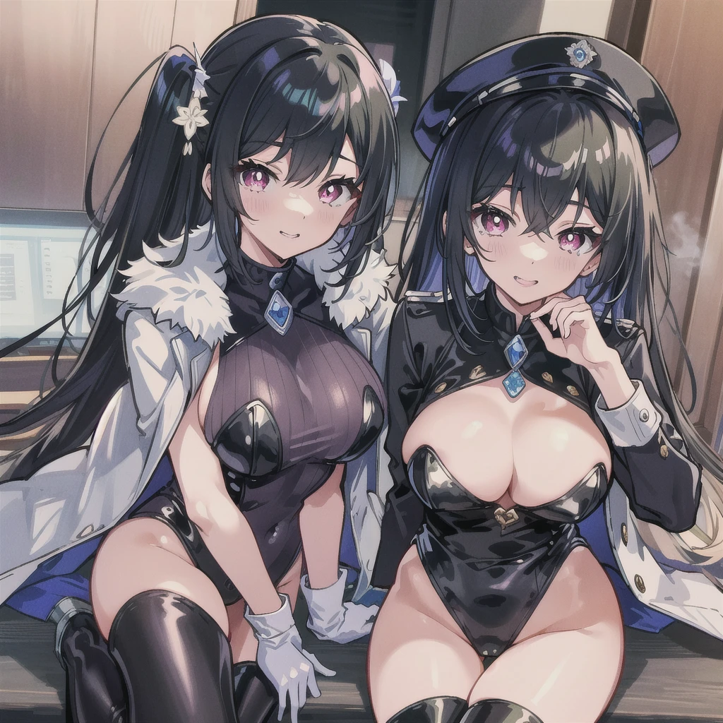 (Highest quality:1.2, artwork, Very detailed, expensiveディテール, digital coloring, High Contrast, masterpiece:1.2, Highest quality, Best aesthetics), 8K,masterpiece, cute,expensive,beautiful,Highest quality, 1 Female,Black Hair,Long Hair,Hollow Eyes, (finely detailed empty pupils and Detailed face),,,,Very detailedな CG ユニティ 8K 壁紙,alone,(Latex military costume:0.9),Large Breasts,Captivating smile,military hat,latex thigh high,Large Breasts,Black Hair,Pink Eyes,Pink leotard,pantyhose,Military coat,Patent leather suit,Glossy lips,Sitting,Bust Shot,Sadistic smile,,all,Shiny skin,Military coat,Detailed face,beautiful body,whole body,Adult,whole body油まみれで光沢感がある　whole bodyから湯気が出ている　Steam like a sauna room fills the entire screen.　White breath from the mouth