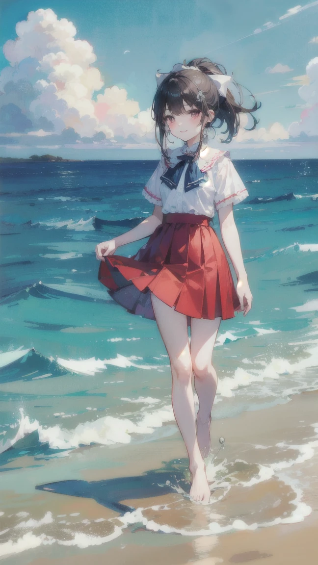 <lora:mayuzumi fuyuko:1>, mayuzumi fuyuko, 1girl, swimsuit, bikini, ass, solo, black hair, breasts, red bikini, bangs, blush, sky, looking at viewer, outdoors, cloud, two side up, long hair, off-shoulder bikini, blue sky, twisted torso, frills, wading, blunt bangs, medium breasts, off shoulder, frilled bikini, day, water, brown eyes, open mouth, contrail, bikini skirt, looking back, wet, bare shoulders