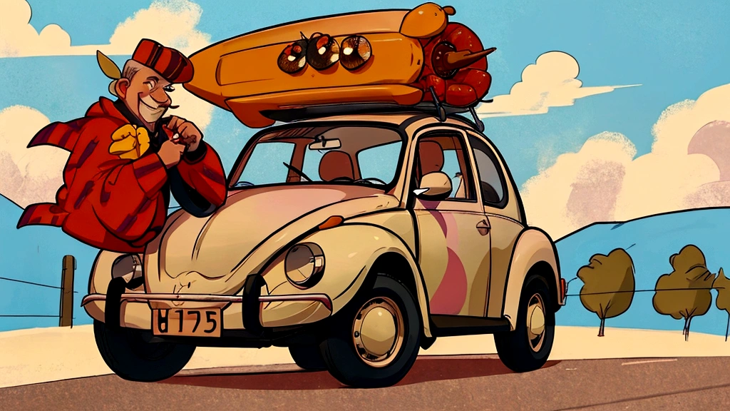 there are several people sitting in a car with a barbecue attached to the front of the car, caricature drawing, offcial art, very glad!, tourist photo, winning, promotional artwork, edited, beetle, cool clothes, celebration, last photo, glad!, proud look, photo rendering, festival, por Lee Loughridge, to celebrate, VW Beetle Cart, pepper, full car, high quality design