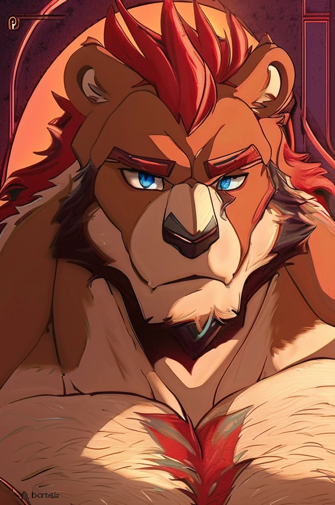 enji todoroki dad bear , hairy chest, bearded, Big , muscular, Big thighs, handsome, Red hair, light brown skin, erected, Heroic pose, muscular arms, Big muscular chest, blue eyes
