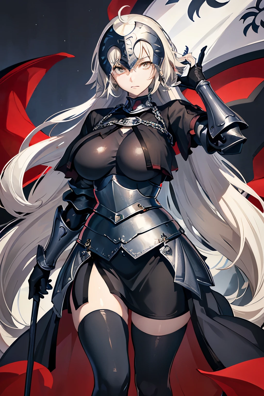 masterpiece, Highest quality, 1 person,( Are standing, View your viewers),Detailed Background、A person who writes in detail、Accurate human body、Knowledgeable person、Accurate 5 fingers, (woman,Curvy body,alone ,),large breasts ,(Joan of Arc Alter),