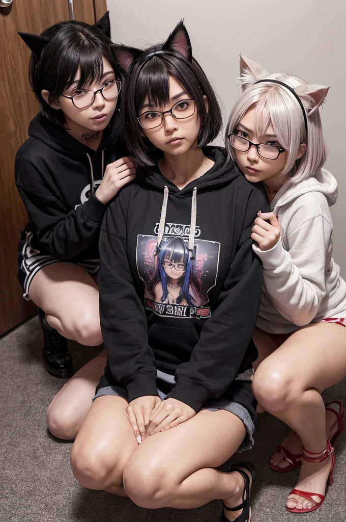 (Highest quality:1.2),32k HDR,High resolution,(20-year-old woman),(Ultra Wide Angle),(View from above:1.2),((Glaring at the camera)),(Japanese women),((Three Women)),(Tattoo),Flat bangs,Dark Room,Medium chest,Squat with your feet apart,Show off your crotch,両腕をhandcuffsで繋がれている,((handcuffs)),薄Dark Room,ruins,Embarrassed, moist eyes,Sad expression,Looking into the camera,Very beautiful eyes,Flat Chest,Tragic,A fleeting expression,,((全身にTattoo)),((Constraints)),((Lock)),((Plate at your feet,Dog food dish)),((Staring straight ahead)),((Cat ears on the head)),((thin tail)),((3 peopleの女性)),((対象的な3 peopleの女性)),((short hair,Shaggy,Bob,long)),(Red Hair,Brown Hair,Black Hair,Silver),(Maid clothes),((Dark eyeliner)),((Sticking out tongue)),((3 people)),((Slanted Eyes)),((Big eyes)),((Hands)),((Women who are kept)),((じゃれ合うThree Women)),((Pets)),((Bold pose)),((Embrace each other)),((Exlassy)),((Ahegao)),((Sensual look)),((hoodie)),((Showing off your crotch)),((リード付きのfirst round)),((first round)),((Gazing at each other passionately)),((Women with different hair lengths)),((Women with different hair colors)),((Glasses)),