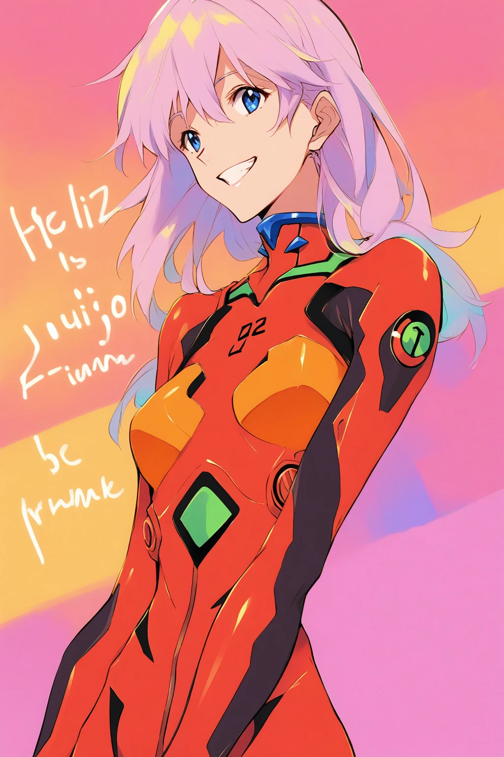 A detailed illustration of a character inspired by Asuka from Evangelion, wearing her iconic red plug suit. She is smiling and saying 'Feliz Julio' in a cheerful manner. The background should be a vibrant and colorful setting that complements her energetic and lively personality. The text 'Feliz Julio' should be prominently displayed in a fun and playful font.