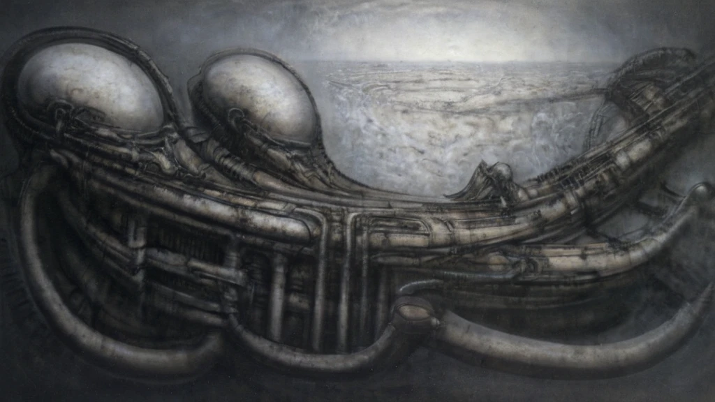 Create biomechanical tableau with some of the artistic techniques and compositional features used in /&quot;Necron IV/” by h r (Hans Rudie) giger:
 The image depicts a complex, sprawling city made of dark ivory, metal and wires. The city is densely packed with loops and twists, resembling a massive, intricate machine.
The painting is composed around a central focus of bone-like celestial formations and tectonic weathering structures with a phallic spine. This central form is the most detailed and brightly lit part of the painting, and it draws the viewer's eye in.The central focus is emphasized by the use of light and shadow. The light source is coming from the top left of the painting, and it casts a bright spotlight on the scene.
Biomorphic forms: The biomechanical forms in the painting are inspired by biological organisms, but they are also machine-like. These forms create a sense of unease and discomfort, as they blur the line between the natural and the artificial
. The image is highly detailed and intricate, uses, with transparent organs and bones exposed). The piece has a thick mechano-organic texture and is covered in fine details. The image has a swirling, organic quality to it. The artistic manner would be unmistakably Gigeresque. A dark and unsettling beauty would permeate the piece, blurring the lines between fascination and repulsion , forever haunted by the grotesque allure. Giger's signature artistic manner would be evident in every stroke. The airbrush would be wielded with masterful precision to create a hyperrealistic yet nightmarish aesthetic.,hrgiger,H.G. Giger Style, Biomechanics,HRGigerArhP style