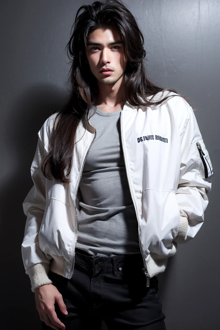 Realistic Photography, Handsome Men, medium long hair, white shirt, muscle, wear bomber jacket