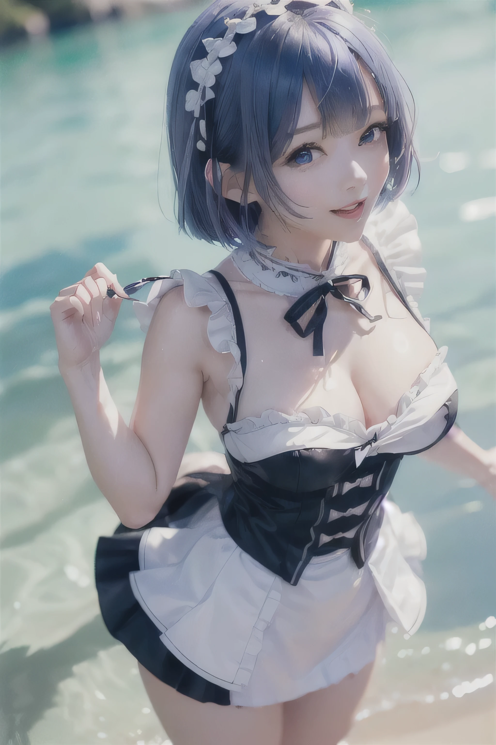 Anime - Style image of a woman in a bikini and drinks, rem rezero, Lori, guweiz, Swimsuit, artwork in the style of guweiz, Anime girl cosplay, wearing a swimming wear, Seductive Anime Girl, realistic bikini, guweiz on pixiv artstation, Rin, small curvy , Rei Ayanami
