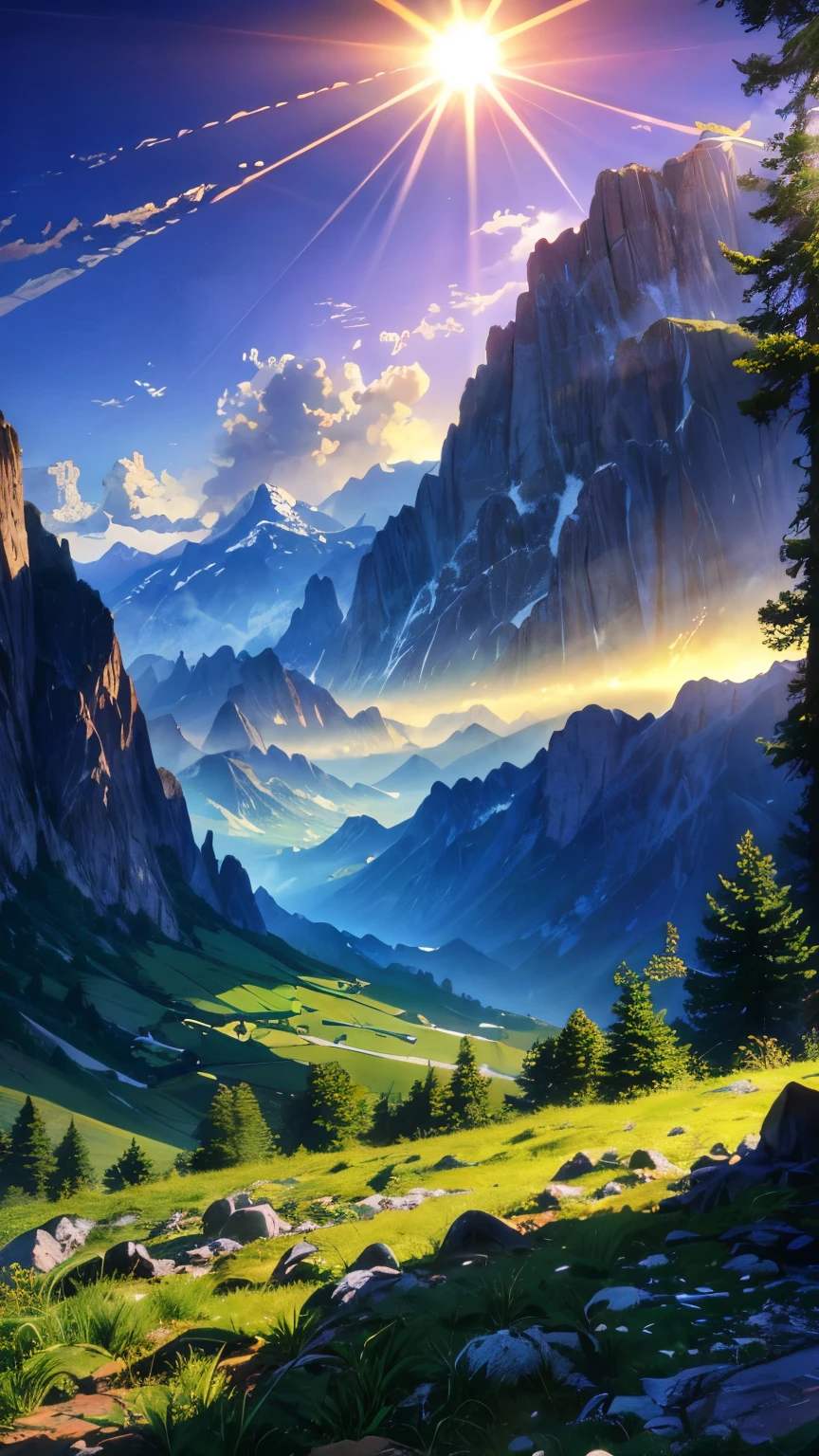 mountains with a tree in the foreground and a sunbeam in the distance, beautifully lit landscape, sunshine lighting high mountains, sunset in a valley, dreamy landscape, dramatic morning light, bright landscape, epic beautiful landscape, some rays of light, breathtaking landscape, sunlit landscape, by Franz Hegi, heavenly light, epic landscape, an epic landscape, an amazing landscape image