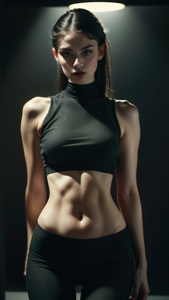 (((Realistic))) Photo, masterpiece, top quality, pale skin, (Detailed face and eyes:1.2), 1 girl, gloomy atmosphere, Dark background, (Eye makeup, mascara) , ((Dark straight hair)) , ((Stylish hairstyle)) , Natural breasts, Slim waist, (slender body) , Beautiful slender legs, in a crop top (unbuttoned). ((Posing)) , (body curves), photoshoot, studio (Contour lighting), (The play of light and shadows), Focal Length, bokeh, (special attention to skin detail: 1.2), Detailed leather texture, skin pores, ((Dark and gloomy atmosphere frame. color scheme - black, Gray, Ashen, Tons)), (Film grain, VHS effect), (shine) , (lens) ultra detialed, 