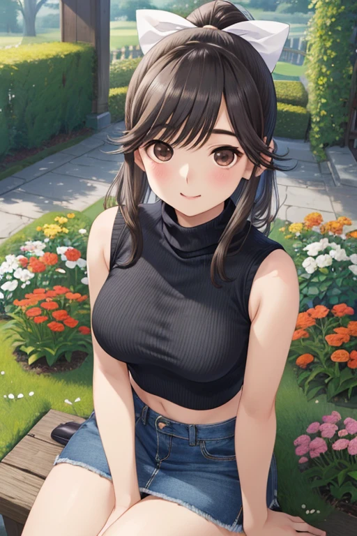 nsfw,
Gaoling loves flowers、Shiny brown hair, Long Hair、Ponytail with ribbon,, Beautiful brown eyes、smile、Sparkling eyes, (Fine grain)、Ultra-detailed eyes、Very detailedな顔, Very detailedな目,

masterpiece,Highest quality,High resolution,Very detailed,masterpiece, Highest quality, High resolution, 

, One girl, (Black sleeveless turtleneck cropped knit、Denim mini skirt), Sitting, Deep Shadow,garden