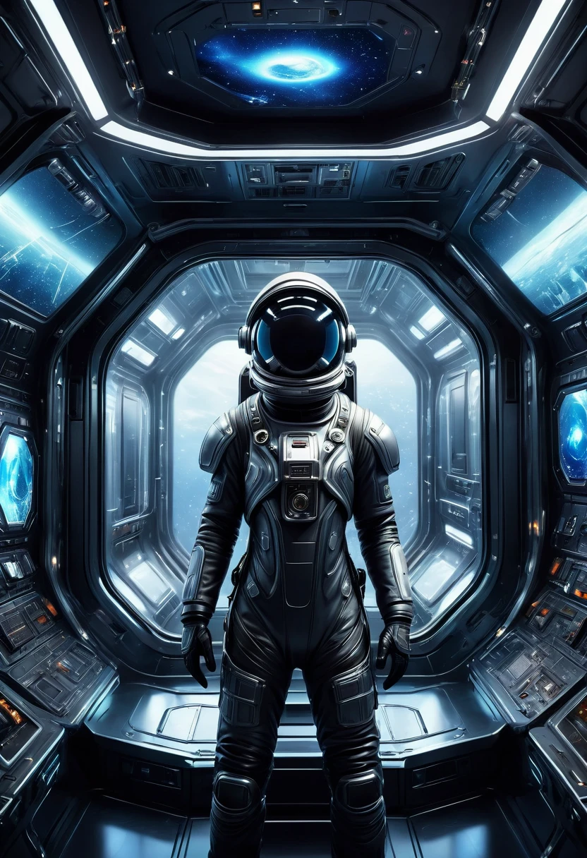 a futuristic astronaut in a space capsule, control panel, high-tech interior, metal and glass materials, atmospheric lighting, dramatic cinematic composition, intricate details, photorealistic, concept art style