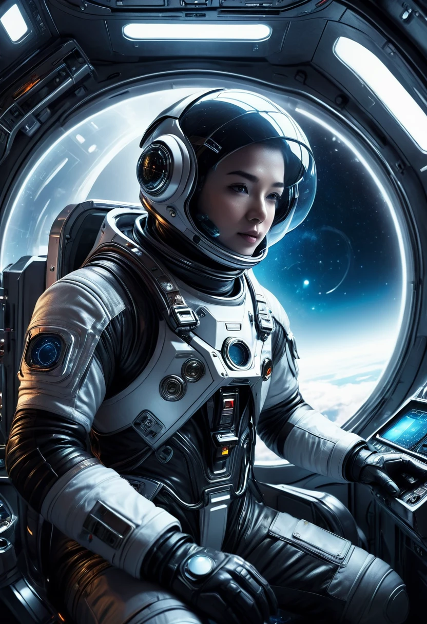 a futuristic astronaut in a space capsule, control panel, high-tech interior, metal and glass materials, atmospheric lighting, dramatic cinematic composition, intricate details, photorealistic, concept art style